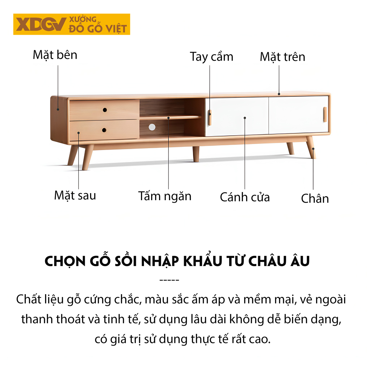 Mẫu Kệ Để Tivi Sồi Mỹ 2 Cánh Trượt Màu Trắng Tay Nắm Gỗ