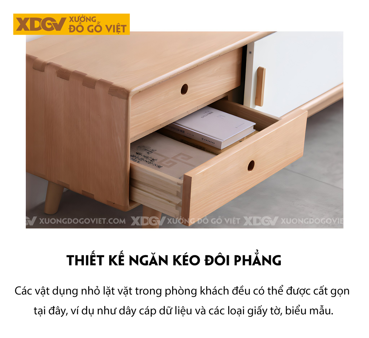 Mẫu Kệ Để Tivi Sồi Mỹ 2 Cánh Trượt Màu Trắng Tay Nắm Gỗ