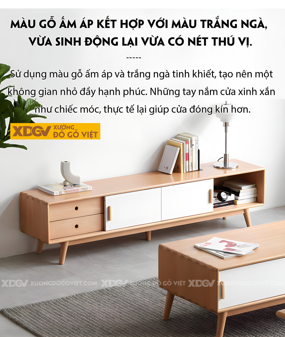 Mẫu Kệ Để Tivi Sồi Mỹ 2 Cánh Trượt Màu Trắng Tay Nắm Gỗ