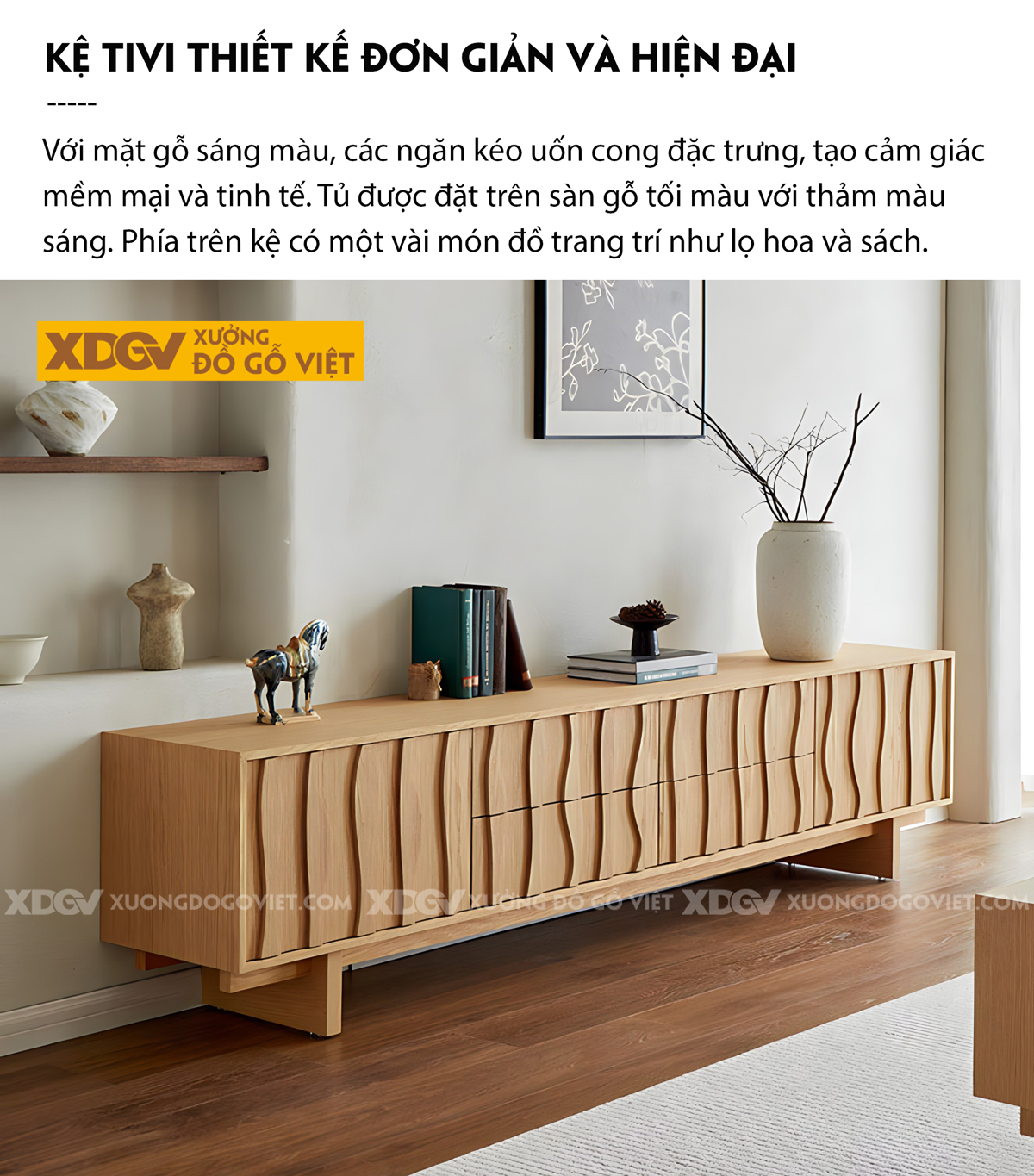 Mẫu Kệ Để Tivi Veneer Sồi Họa Tiết Nổi Lượn Sóng Nghệ Thuật