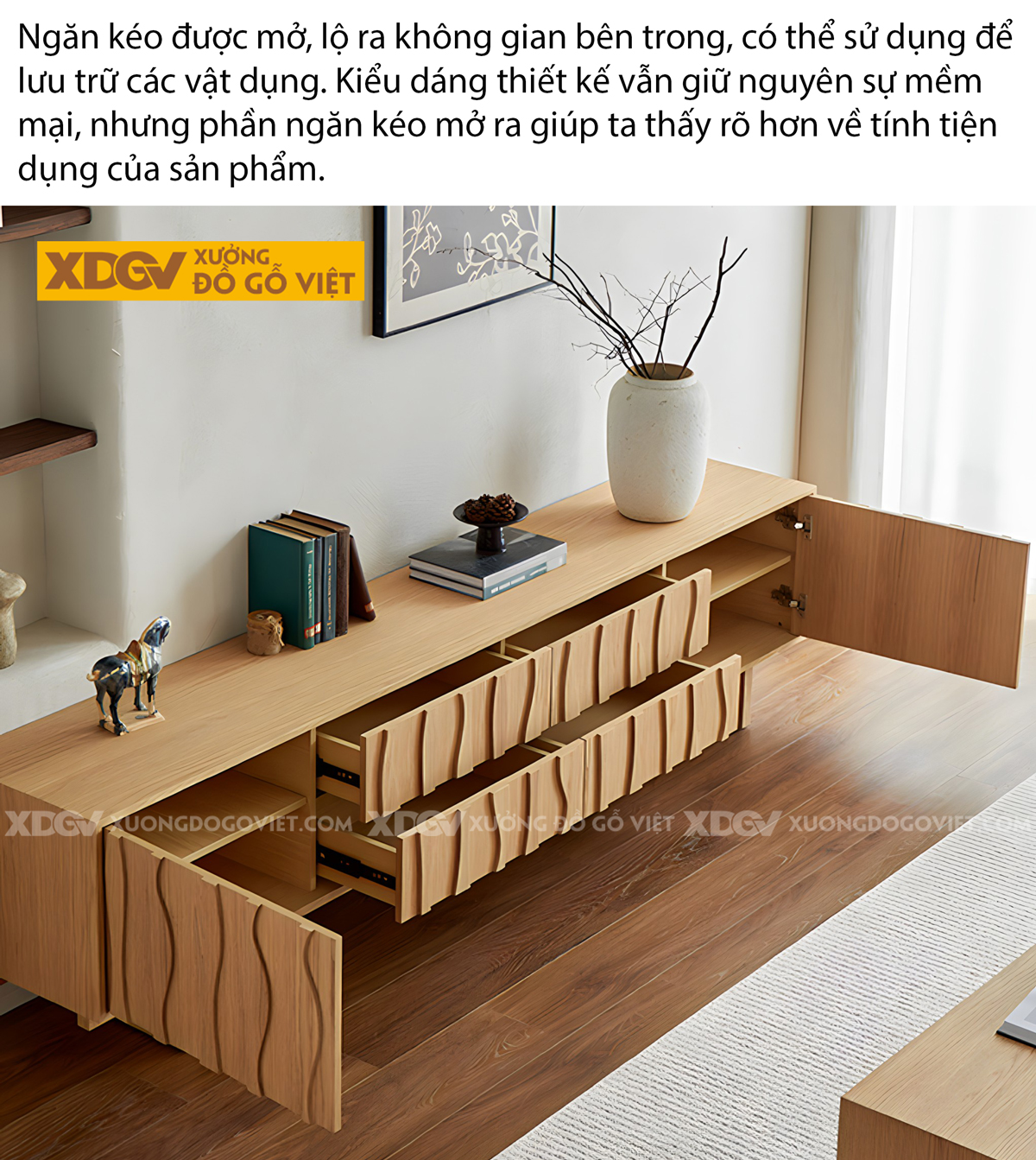 Mẫu Kệ Để Tivi Veneer Sồi Họa Tiết Nổi Lượn Sóng Nghệ Thuật