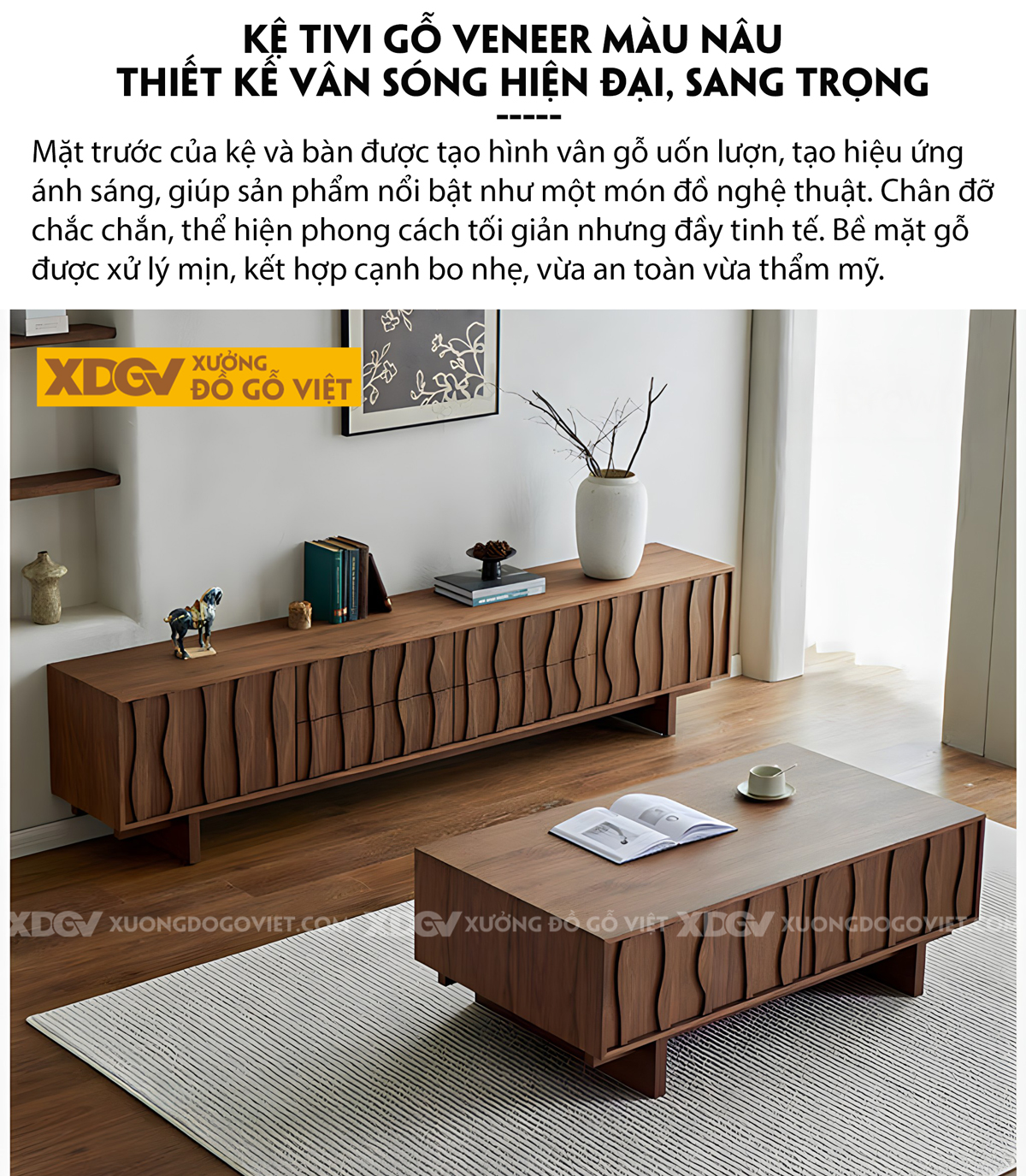 Mẫu Kệ Để Tivi Veneer Sồi Họa Tiết Nổi Lượn Sóng Nghệ Thuật