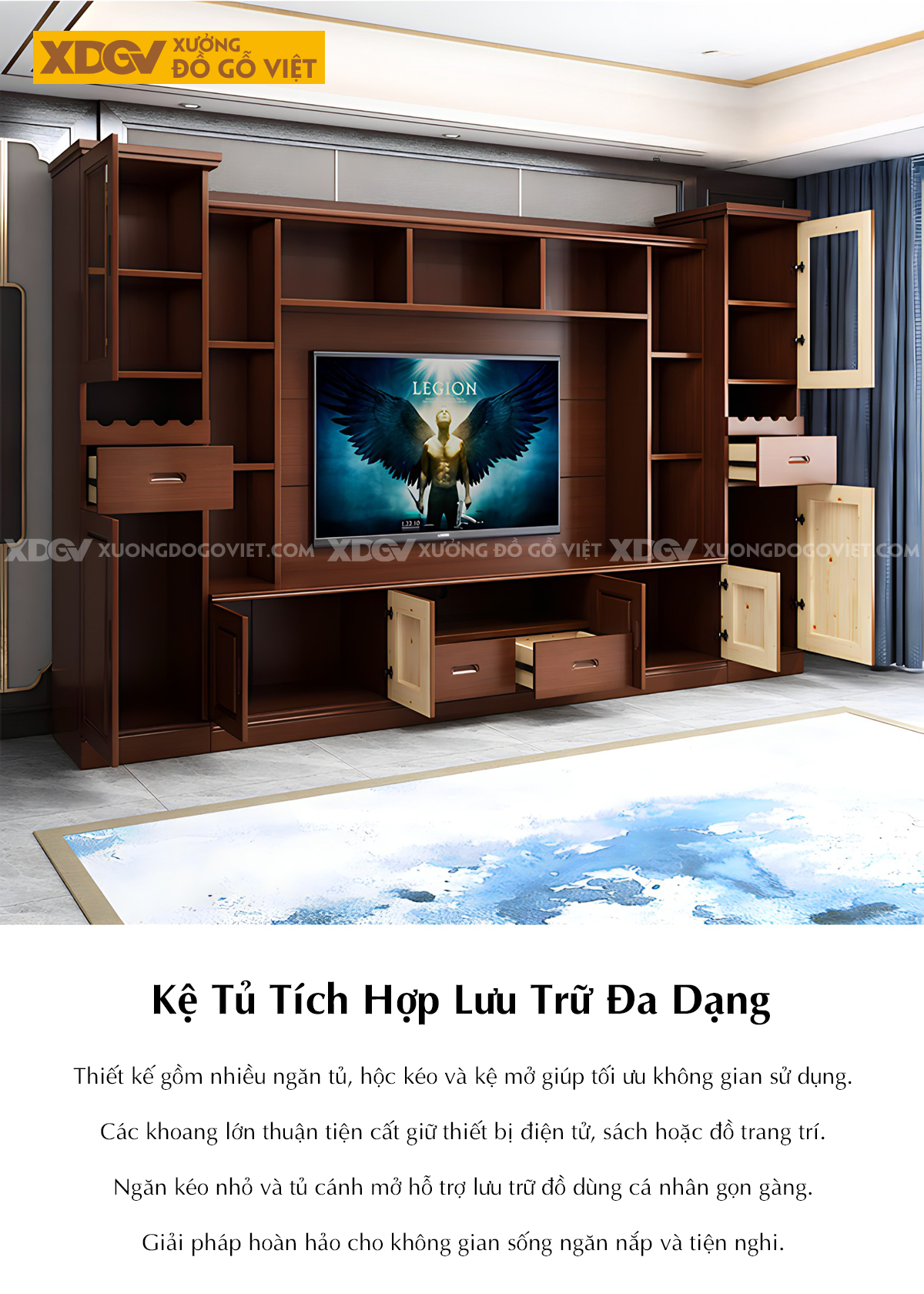 Mẫu Kệ Tivi Cao Su Phòng Khách Kèm Tủ Kính Có Kệ Trang Trí