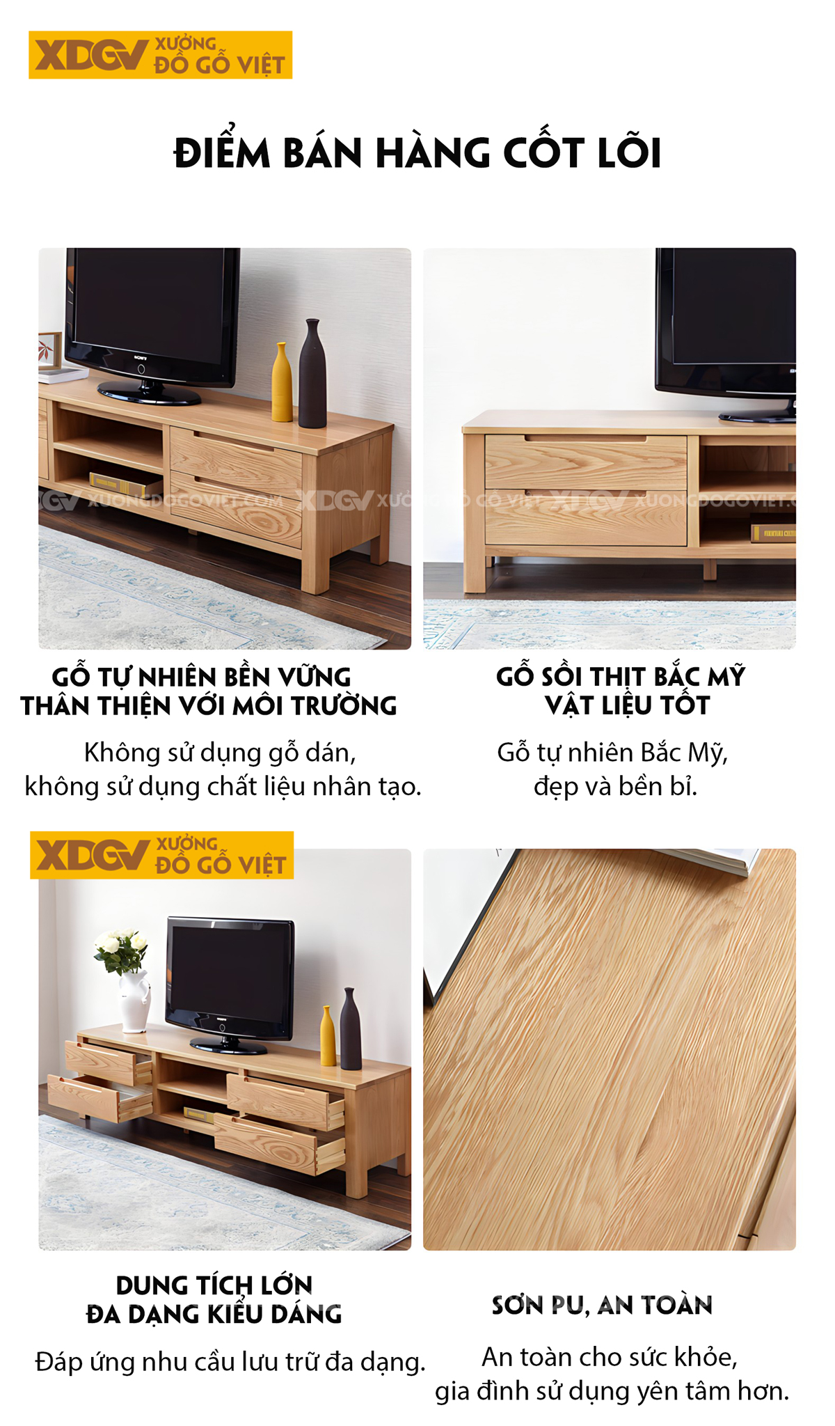 Mẫu Kệ Tivi Đẹp Gỗ Sồi Tự Nhiên Chân Trụ Vuông Vững Chãi