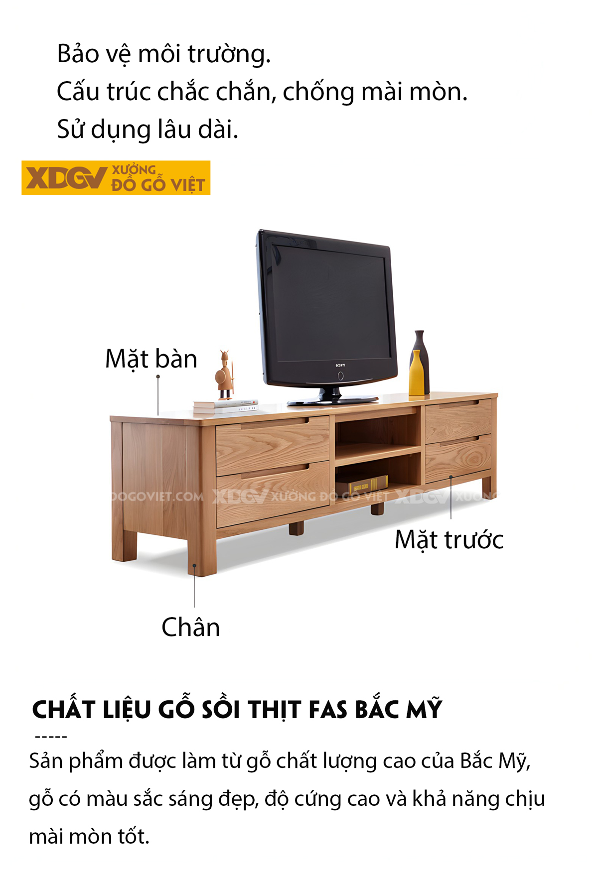 Mẫu Kệ Tivi Đẹp Gỗ Sồi Tự Nhiên Chân Trụ Vuông Vững Chãi