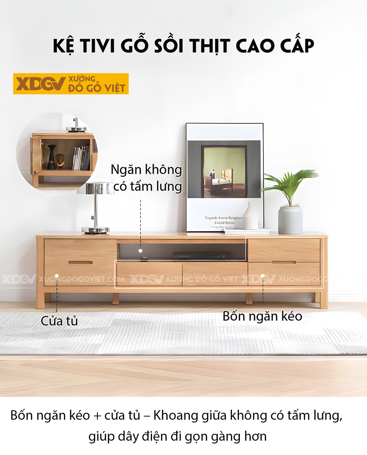 Mẫu Kệ Tivi Đẹp Gỗ Sồi Tự Nhiên Chân Trụ Vuông Vững Chãi