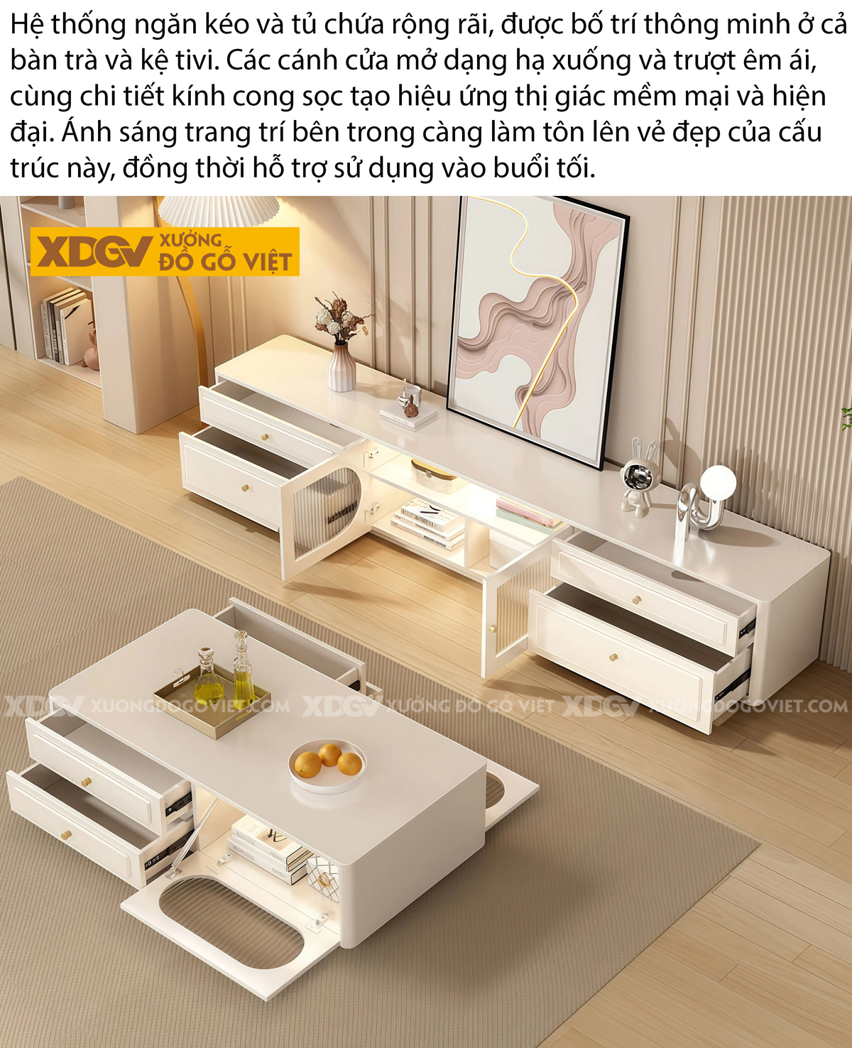 Mẫu Kệ Tivi Gỗ Công Nghiệp Sang Trọng Góc Bo Nhẹ Phối Kính