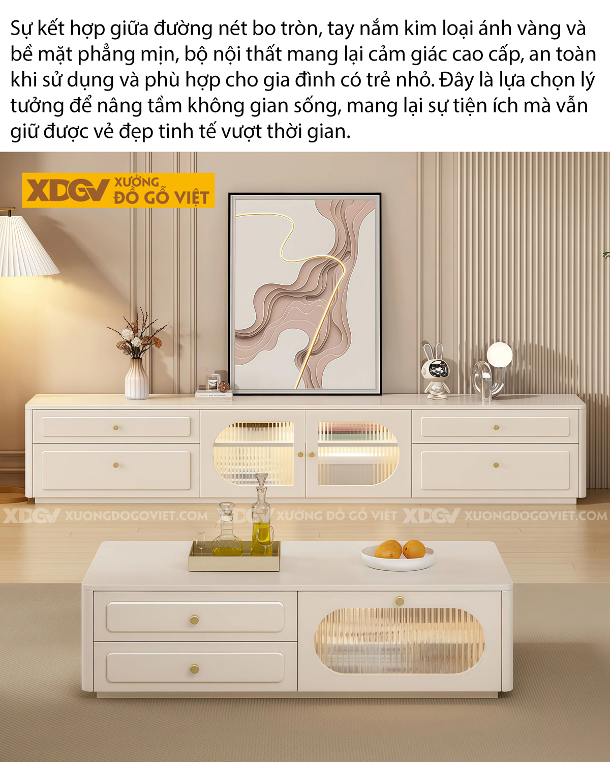 Mẫu Kệ Tivi Gỗ Công Nghiệp Sang Trọng Góc Bo Nhẹ Phối Kính