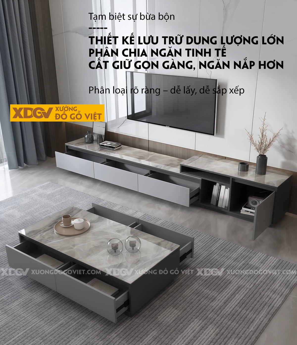 Mẫu Kệ Tivi Gỗ MDF Hiện Đại Thiết Kế Trượt Biến Hoá Bố Cục