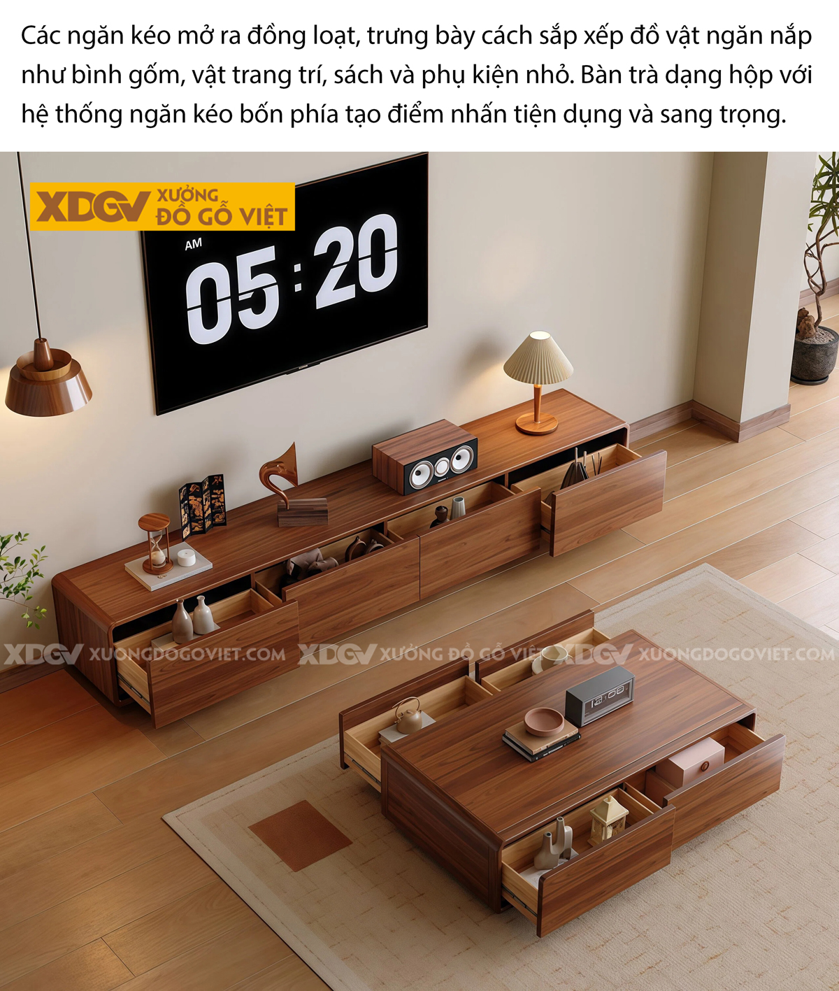 Mẫu Kệ Tivi Gỗ Óc Chó Thiết Kế Góc Bo An Toàn Tối Ưu Lưu Trữ