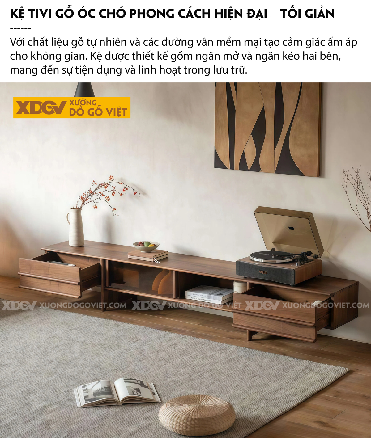 Mẫu Kệ Tivi Gỗ Óc Chó Thiết Kế Khoa Học Chân Trụ Nguyên Tấm