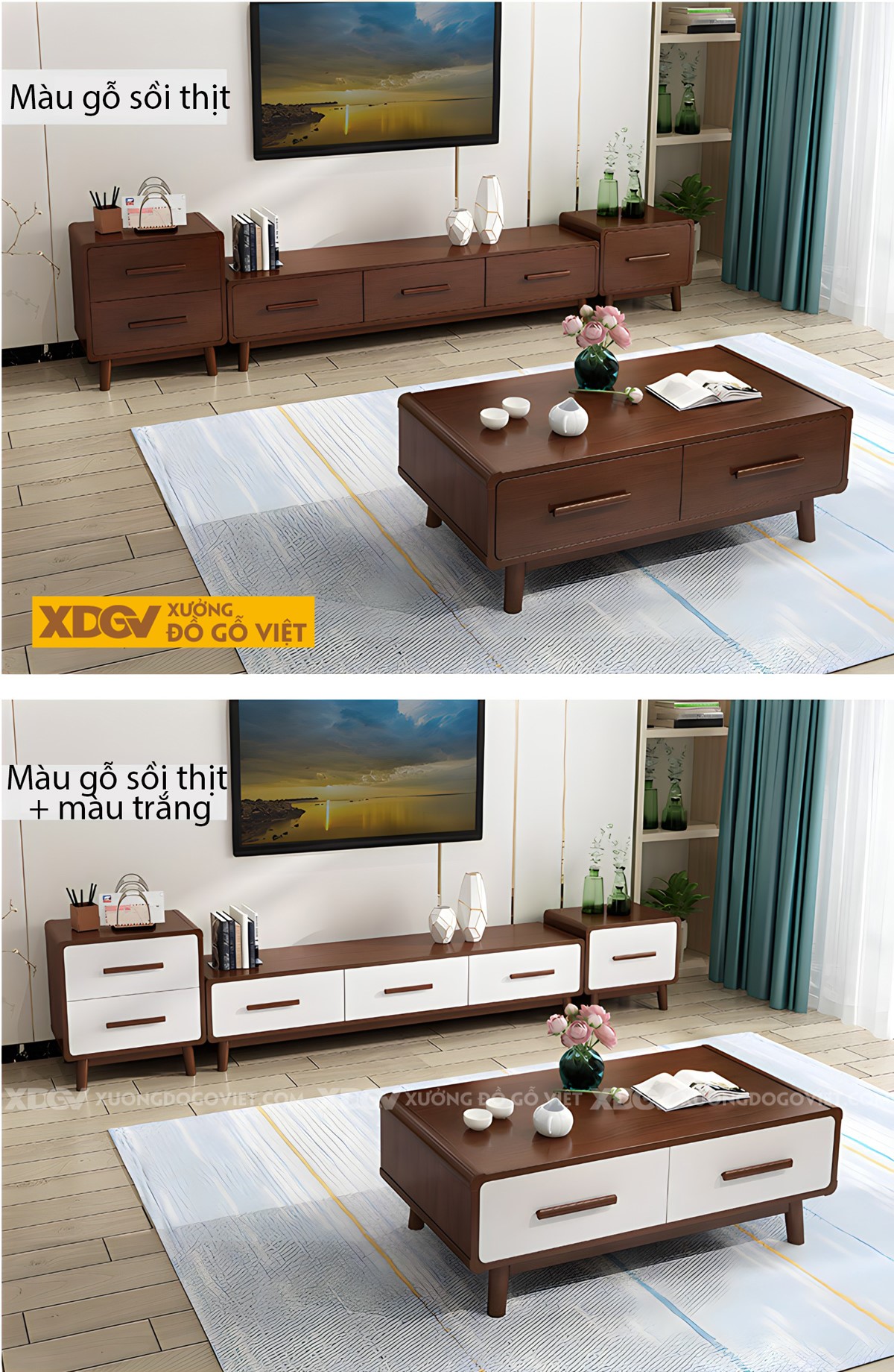 Mẫu Kệ Tivi Gỗ Sồi Kết Hợp Tủ 2 Bên Đối Xứng Bo Góc Đẹp