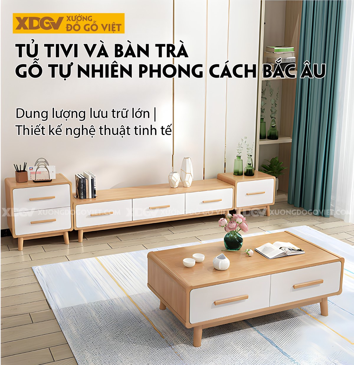 Mẫu Kệ Tivi Gỗ Sồi Kết Hợp Tủ 2 Bên Đối Xứng Bo Góc Đẹp