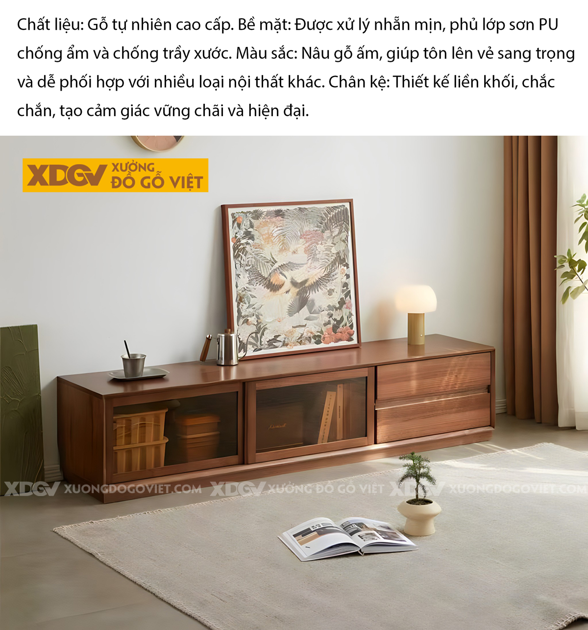 Mẫu Kệ Tivi Gỗ Sồi Mỹ Góc Vuông Cánh Trượt Kính Màu Trà