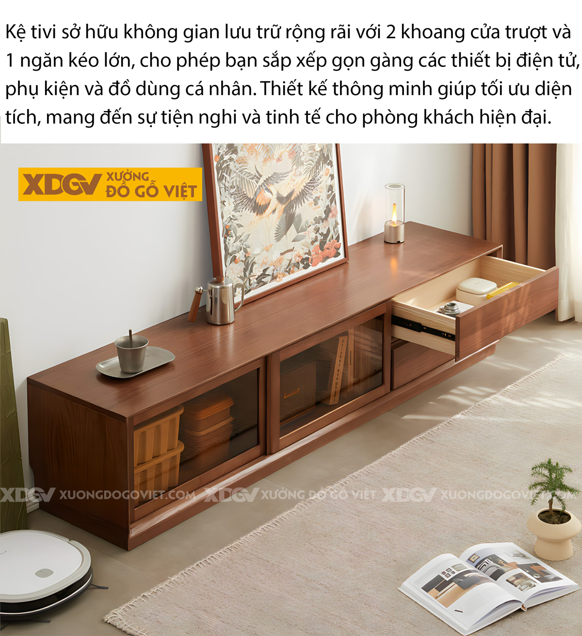 Mẫu Kệ Tivi Gỗ Sồi Mỹ Góc Vuông Cánh Trượt Kính Màu Trà