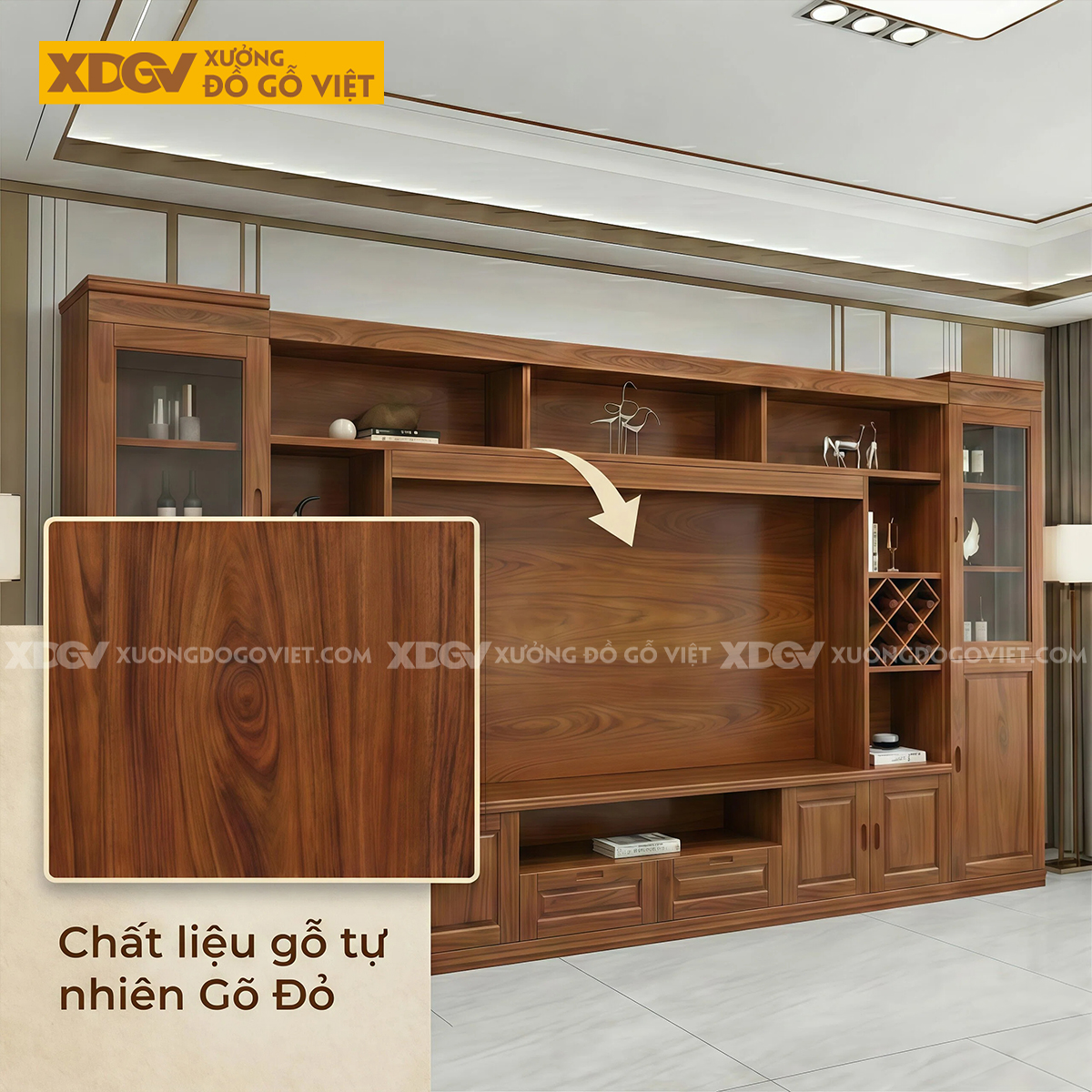 Mẫu Kệ Tivi Kèm Tủ Gỗ Gõ Đỏ Lưu Trữ Lớn Phối Tủ Cánh Kính