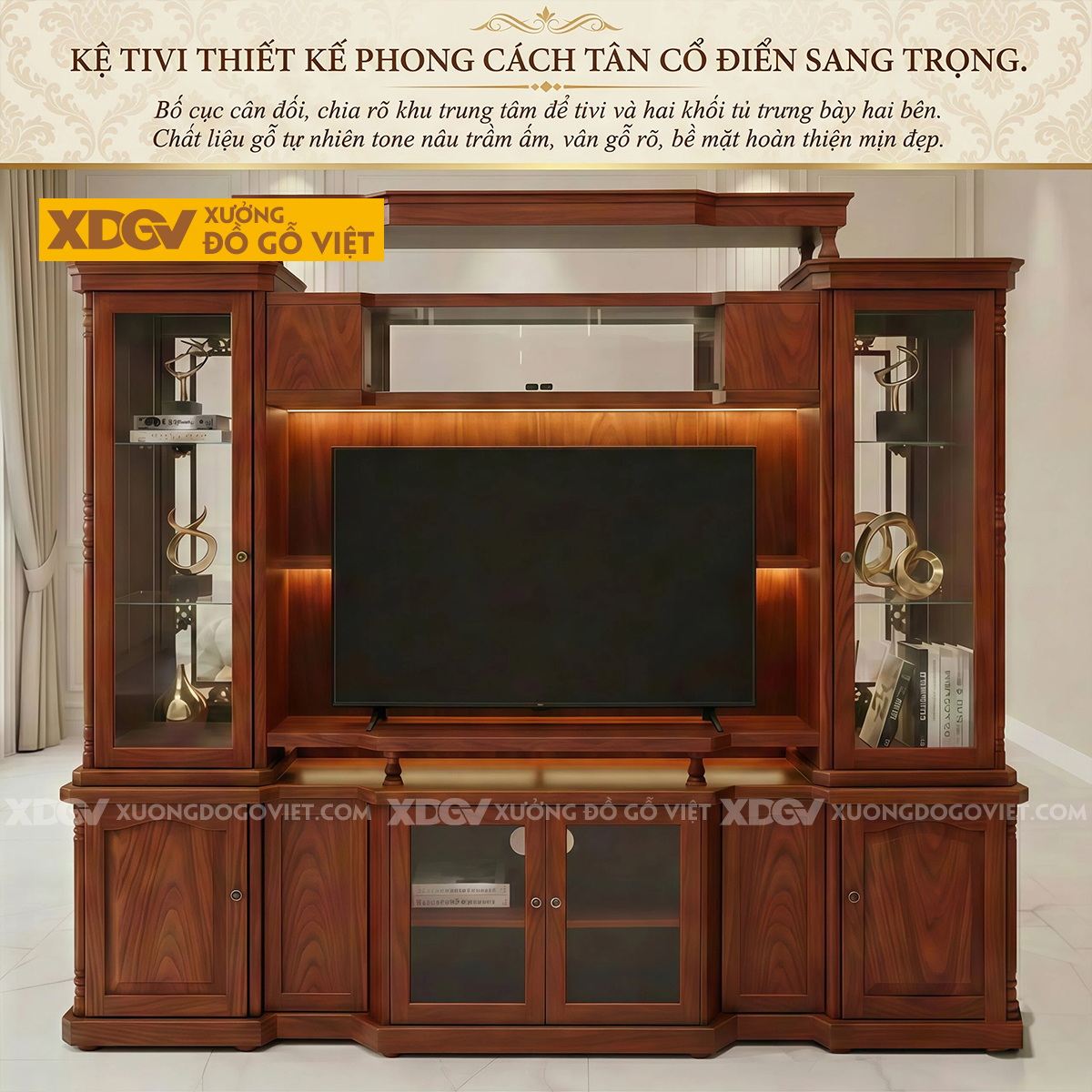 Mẫu Kệ Tivi Kèm Tủ Phòng Khách Gỗ Gõ Đỏ Phân Tầng Đối Xứng