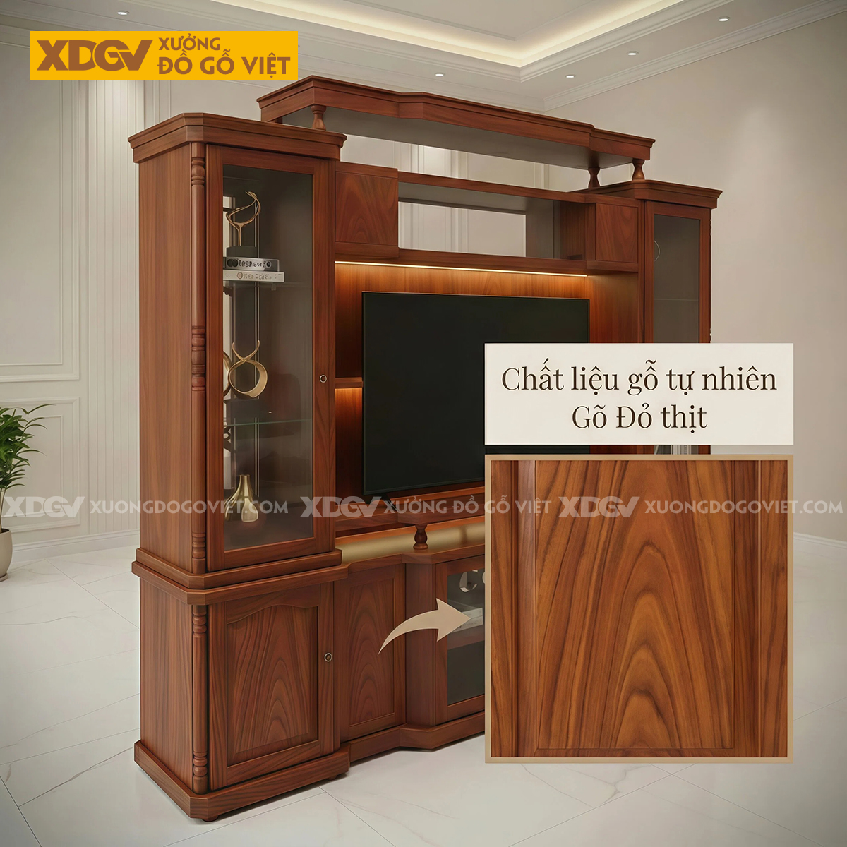 Mẫu Kệ Tivi Kèm Tủ Phòng Khách Gỗ Gõ Đỏ Phân Tầng Đối Xứng