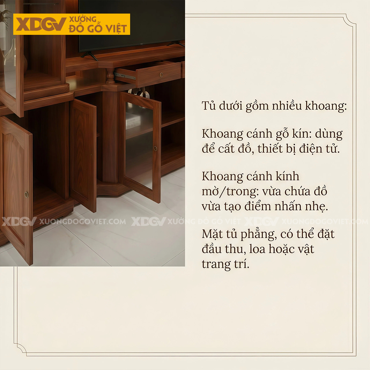 Mẫu Kệ Tivi Kèm Tủ Phòng Khách Gỗ Gõ Đỏ Phân Tầng Đối Xứng