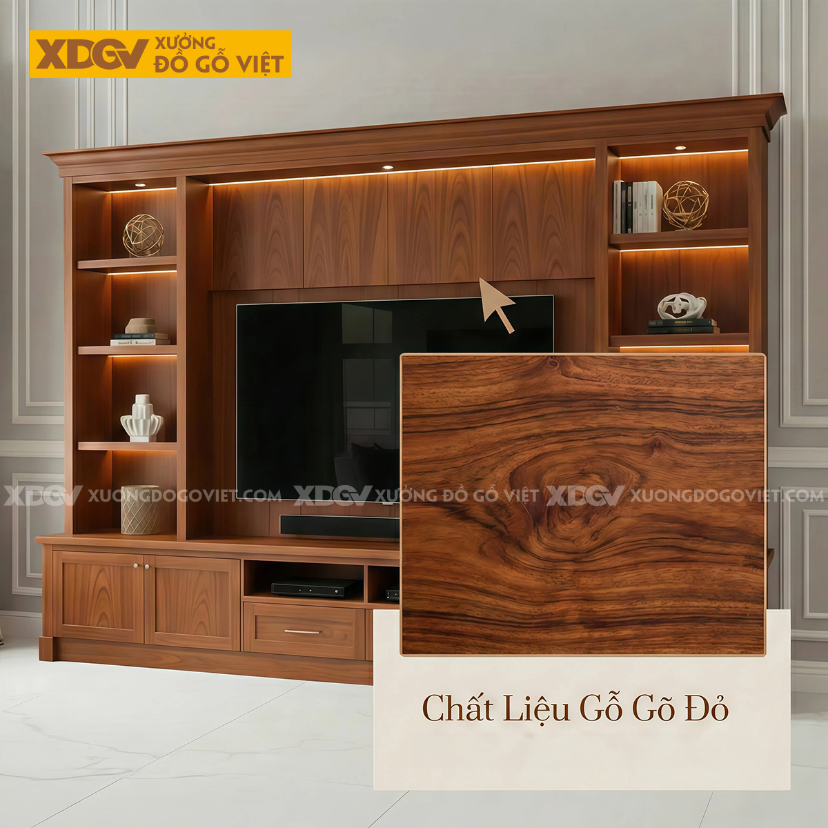 Mẫu Kệ Tivi Kèm Tủ Phòng Khách Gỗ Gõ Đỏ Phối Kệ Mở Đèn Led