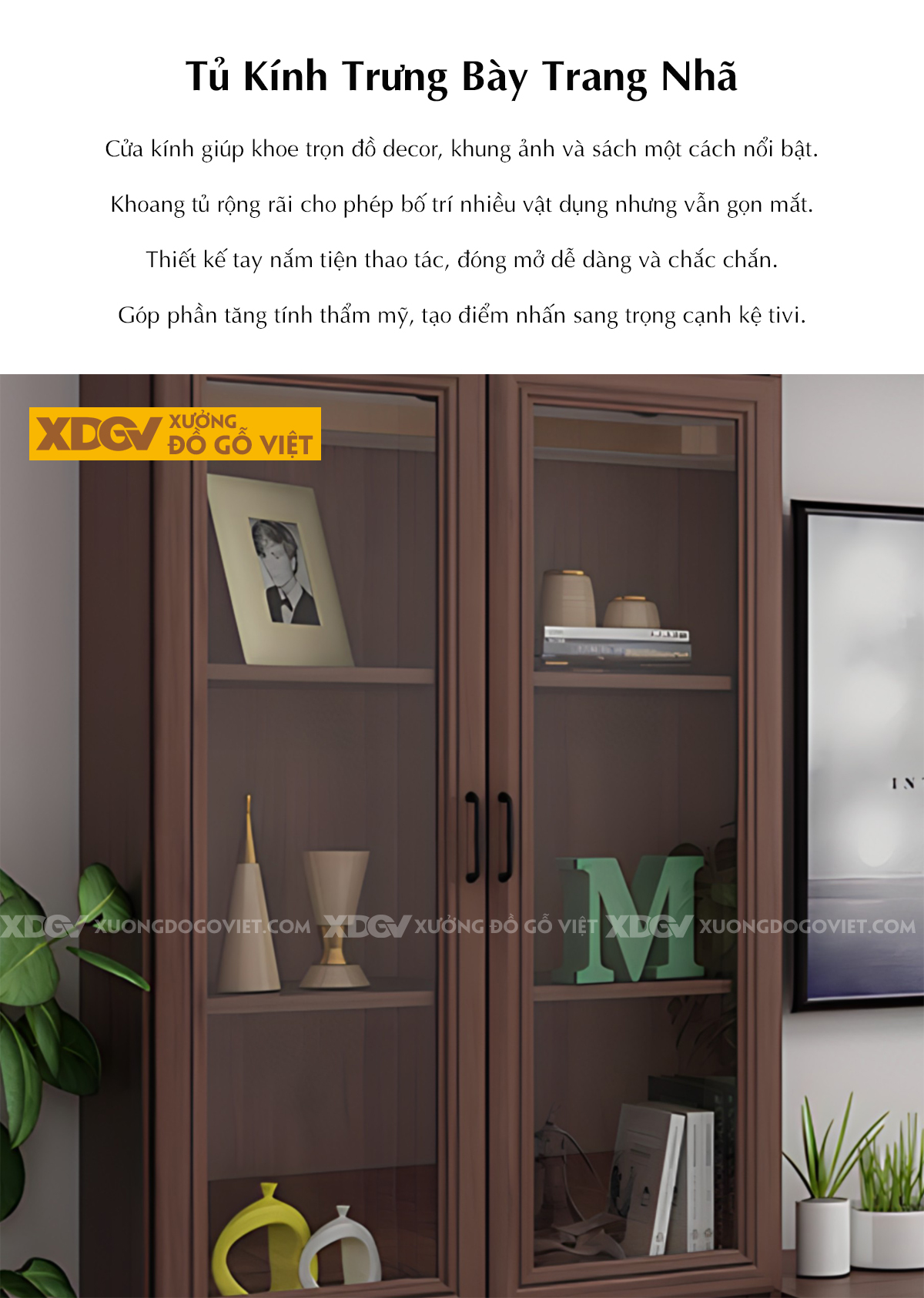 Mẫu Kệ Tivi Óc Chó Kết Hợp Tủ Kính Và Kệ Trang Trí Liền Mạch