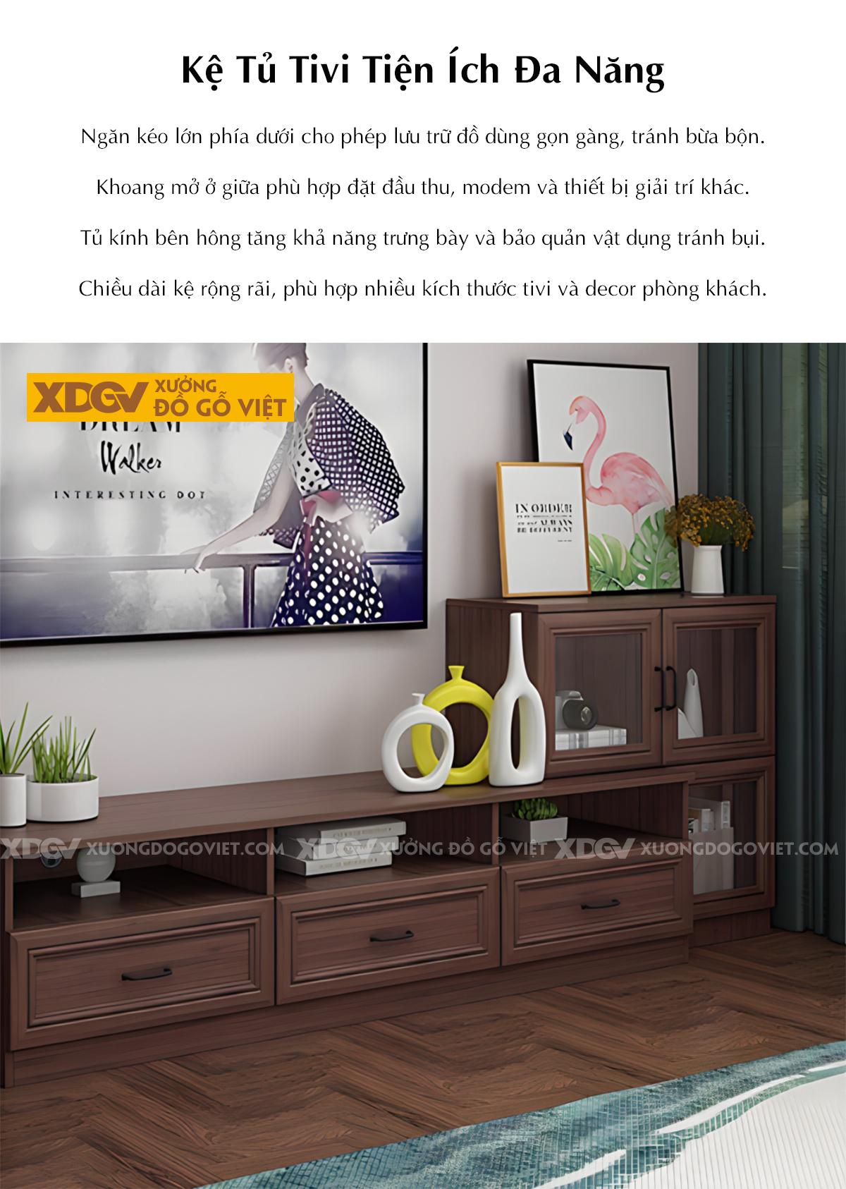 Mẫu Kệ Tivi Óc Chó Kết Hợp Tủ Kính Và Kệ Trang Trí Liền Mạch