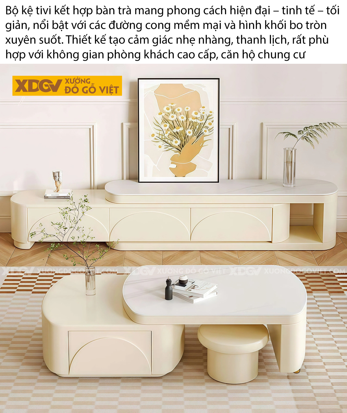 Mẫu Kệ Tivi Phòng Khách Gỗ Cao Su Dáng Bệ Vệ Phối Mặt Đá