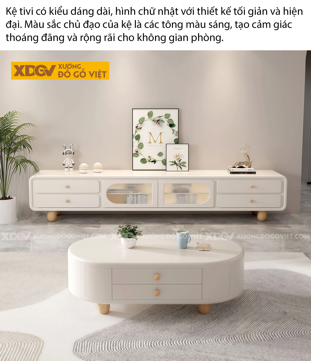 Mẫu Kệ Tivi Phòng Khách Gỗ Cao Su Hiện Đại Dáng Hộp Chân Cao