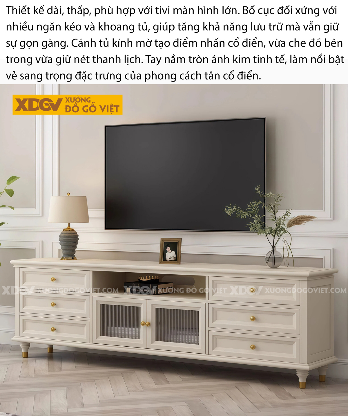 Mẫu Kệ Tivi Phòng Khách Gỗ Cao Su Treo Tường Phối Kính Mờ