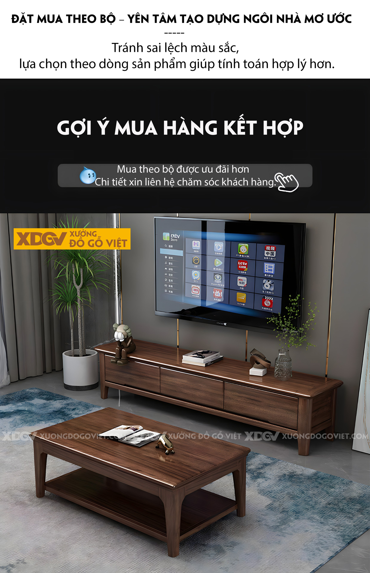 Mẫu Kệ Tivi Phòng Khách Gỗ Sồi Mỹ Màu Óc Chó Tay Âm Dưới