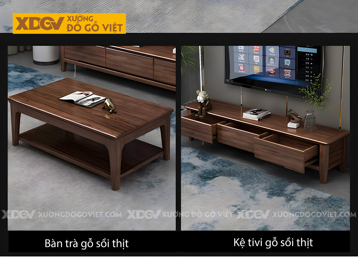 Mẫu Kệ Tivi Phòng Khách Gỗ Sồi Mỹ Màu Óc Chó Tay Âm Dưới