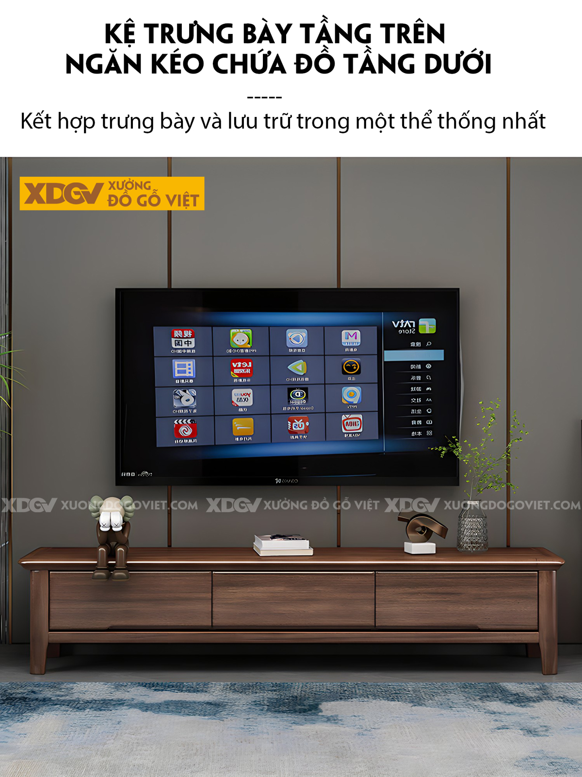 Mẫu Kệ Tivi Phòng Khách Gỗ Sồi Mỹ Màu Óc Chó Tay Âm Dưới