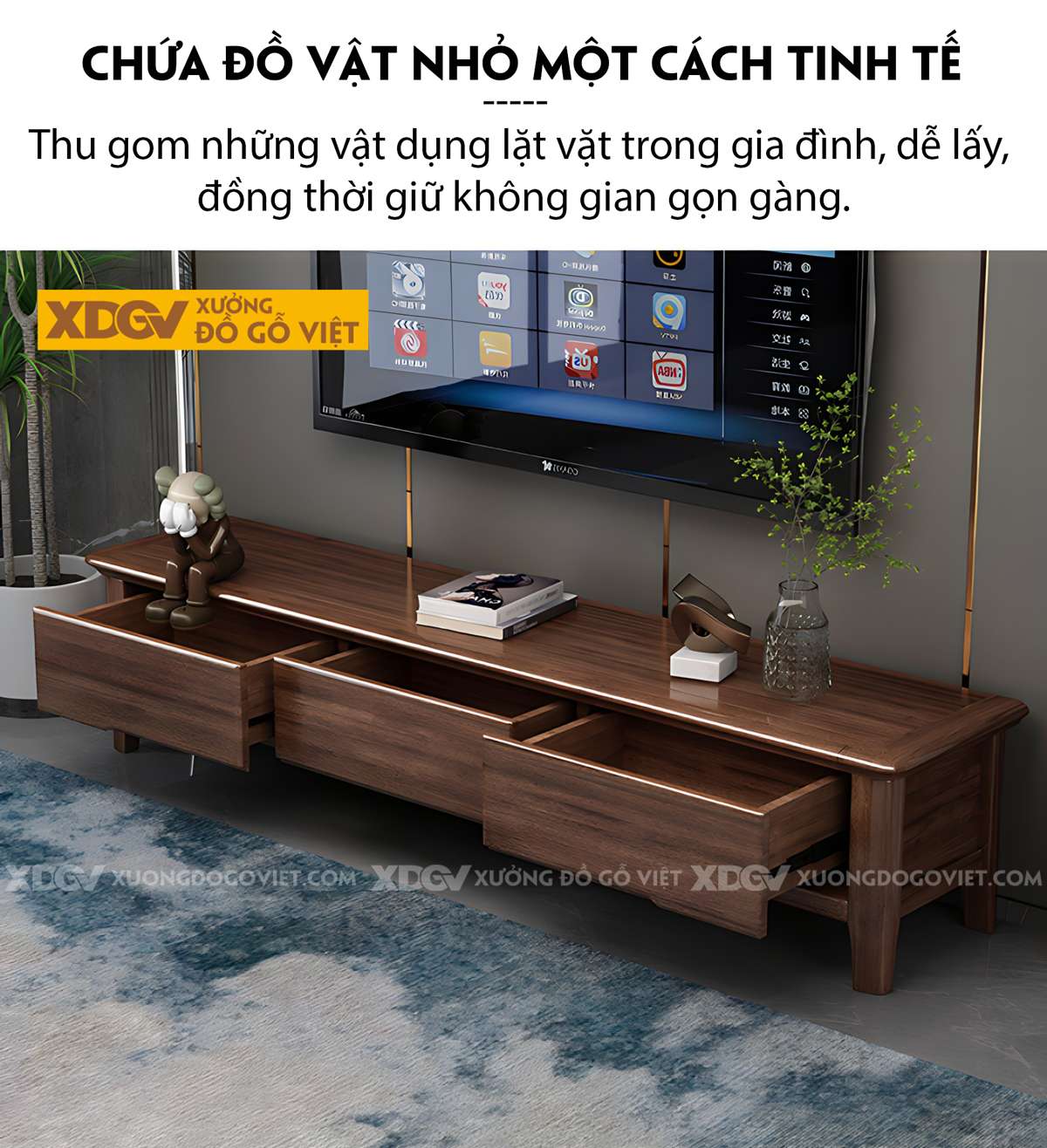 Mẫu Kệ Tivi Phòng Khách Gỗ Sồi Mỹ Màu Óc Chó Tay Âm Dưới