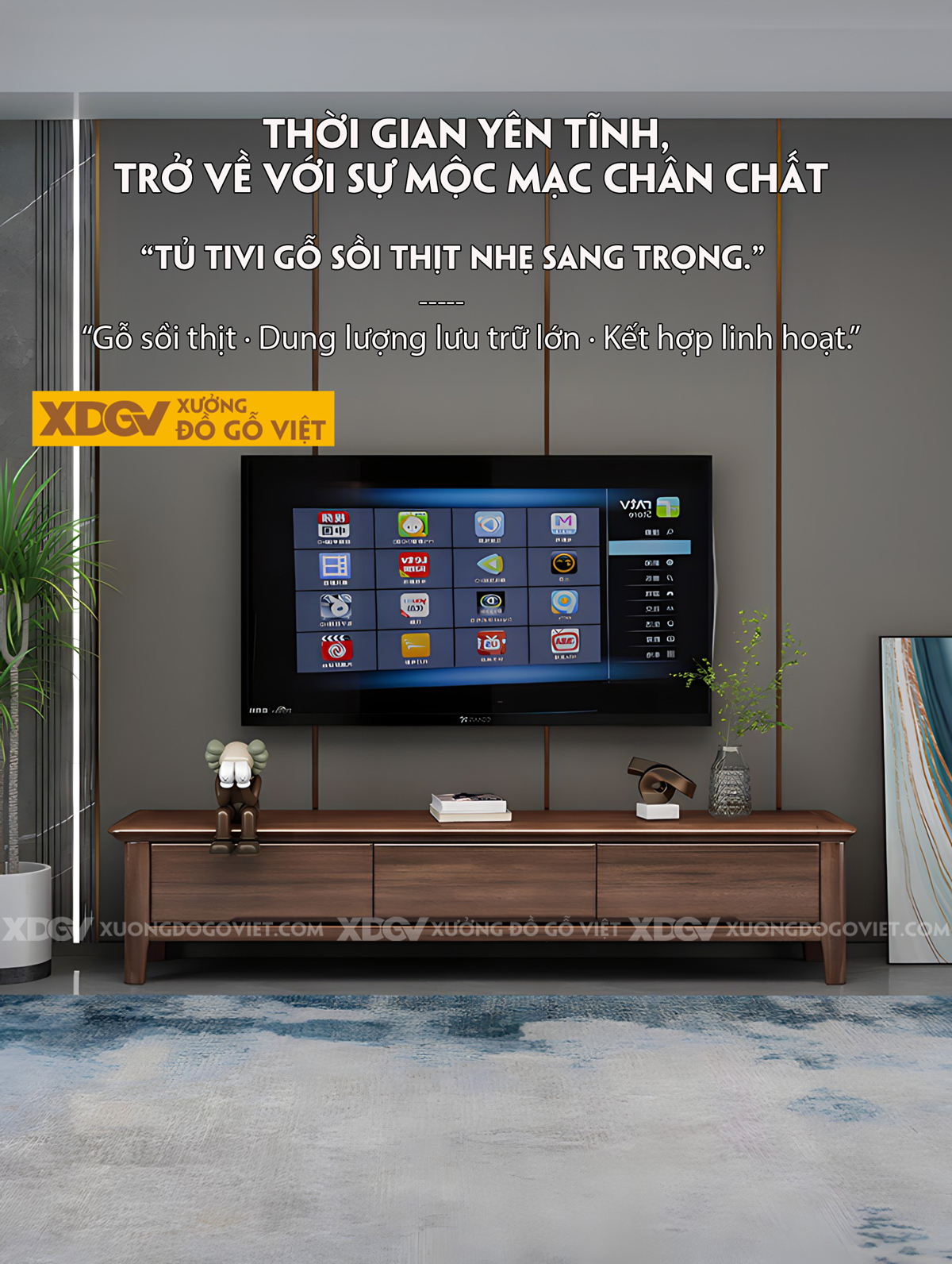 Mẫu Kệ Tivi Phòng Khách Gỗ Sồi Mỹ Màu Óc Chó Tay Âm Dưới