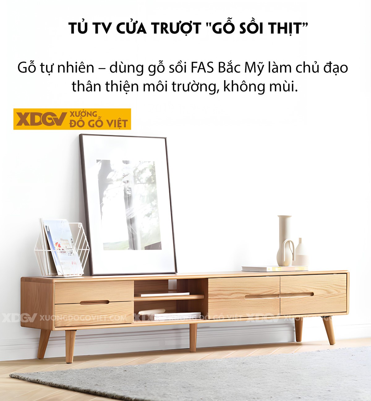 Mẫu Kệ Tivi Sồi Mỹ Hiện Đại Chân Cao Cửa Lùa Bên Linh Hoạt