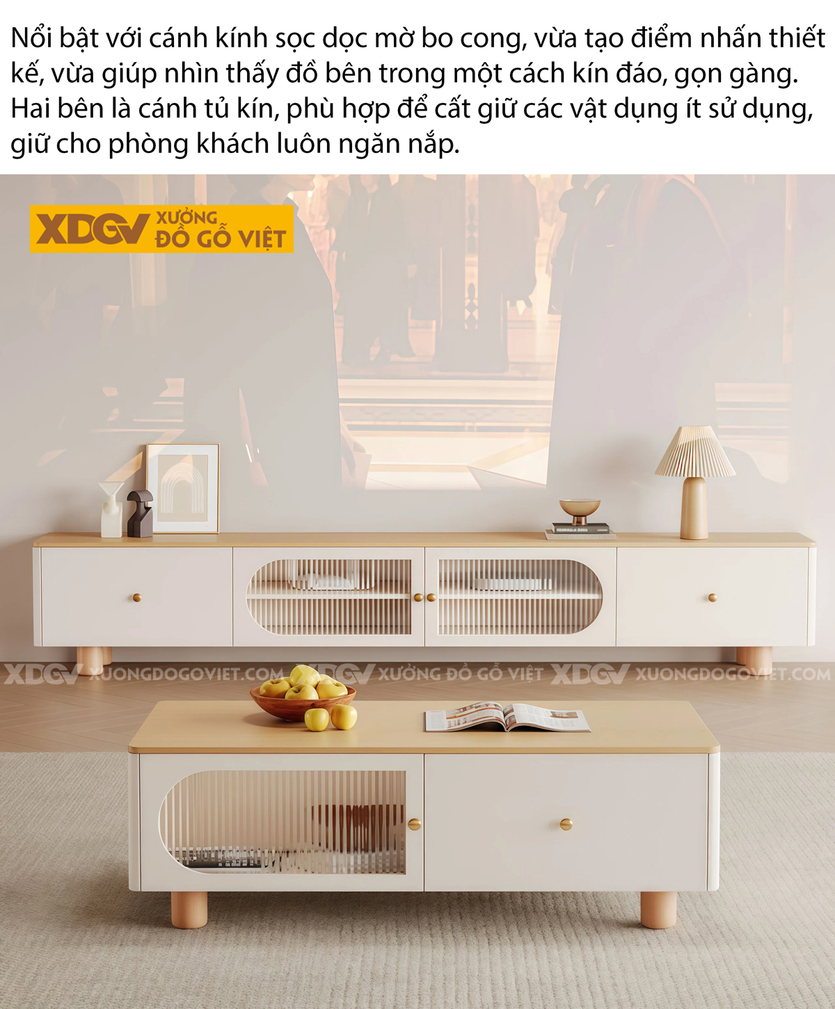 Mẫu Kệ Tivi Trưng Bày Phòng Khách Gỗ MDF Cánh Kính Trung Tâm