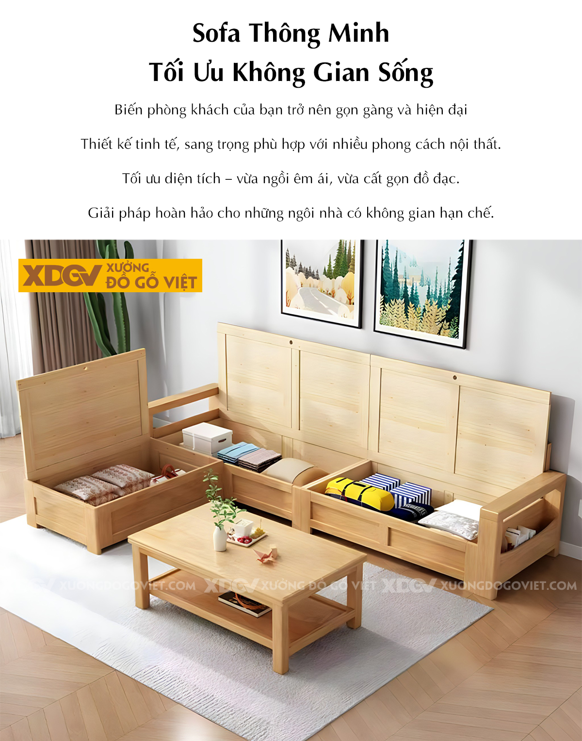 Mẫu Sofa Cao Su Phòng Khách Tay Thẳng Tích Hợp Hộc Đựng