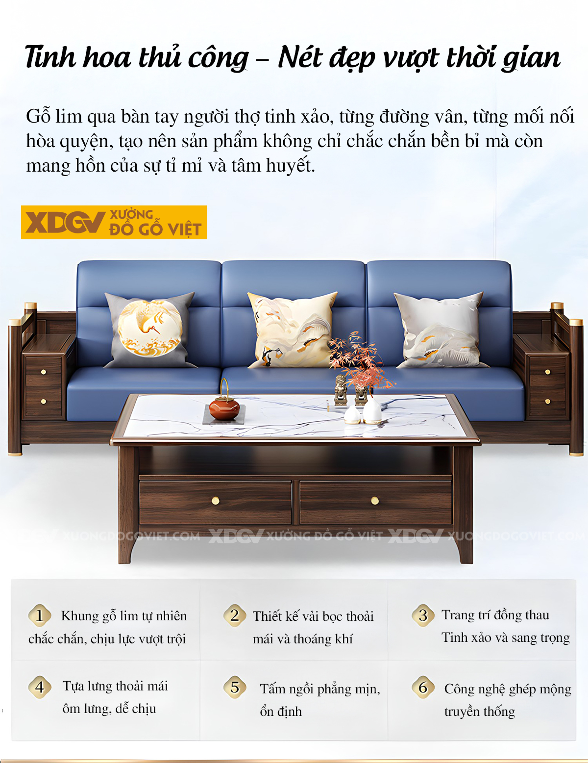 Mẫu Sofa Gỗ Lim Á Đông Chân Trụ Bọc Đồng Cánh Ốp Nệm 2 Bên