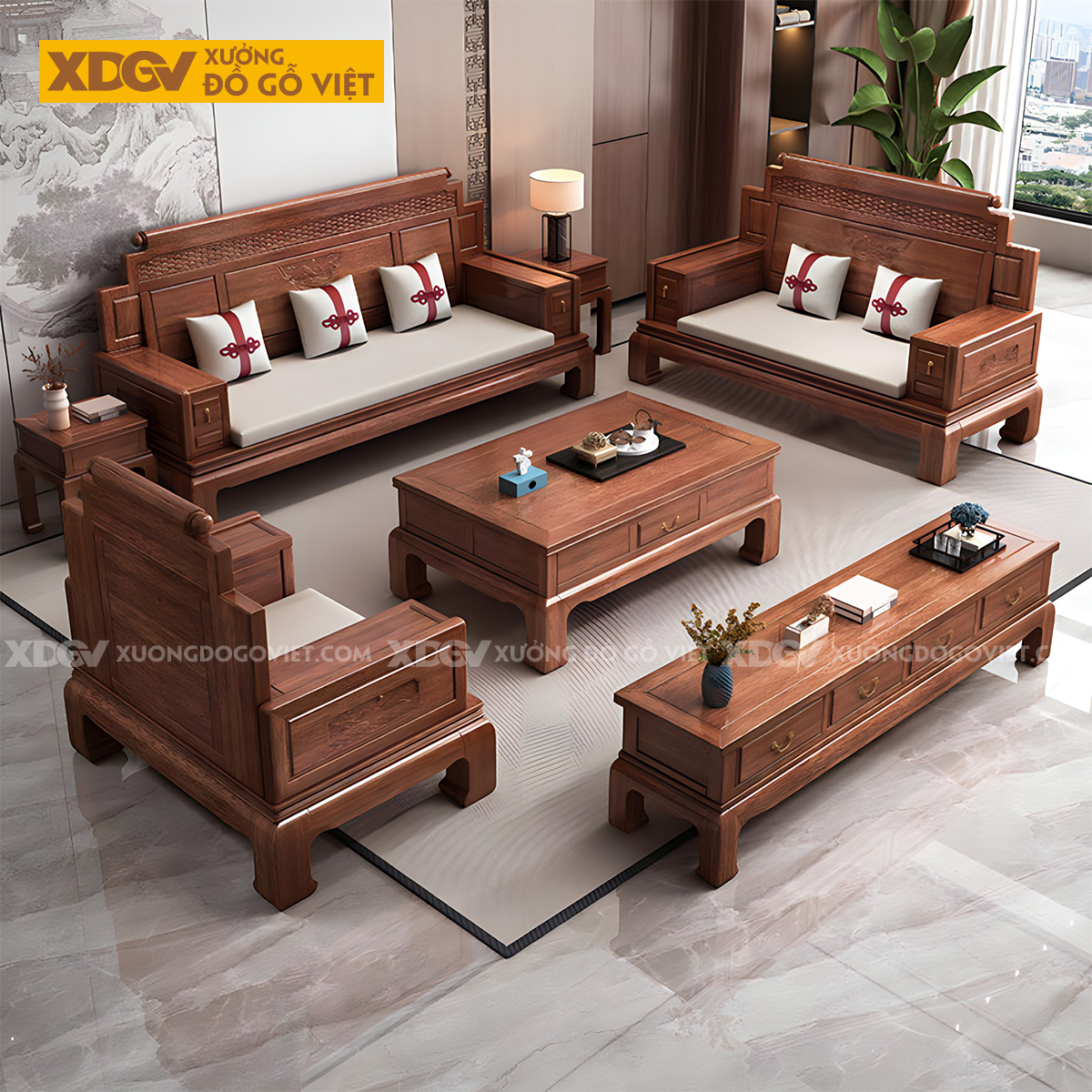 Mẫu Sofa Gỗ Lim Cổ Điển Tay Tựa Ngăn Kéo Chân Móng Ngựa