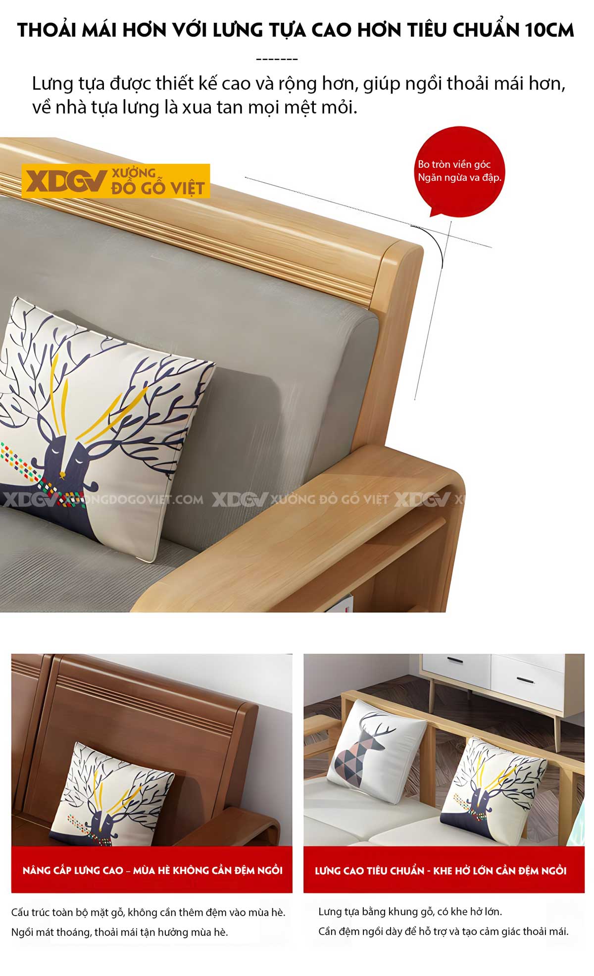 Mẫu Sofa Gỗ Sồi Hiện Đại Tay Bo Góc Tròn Tích Hợp Ngăn Chứa