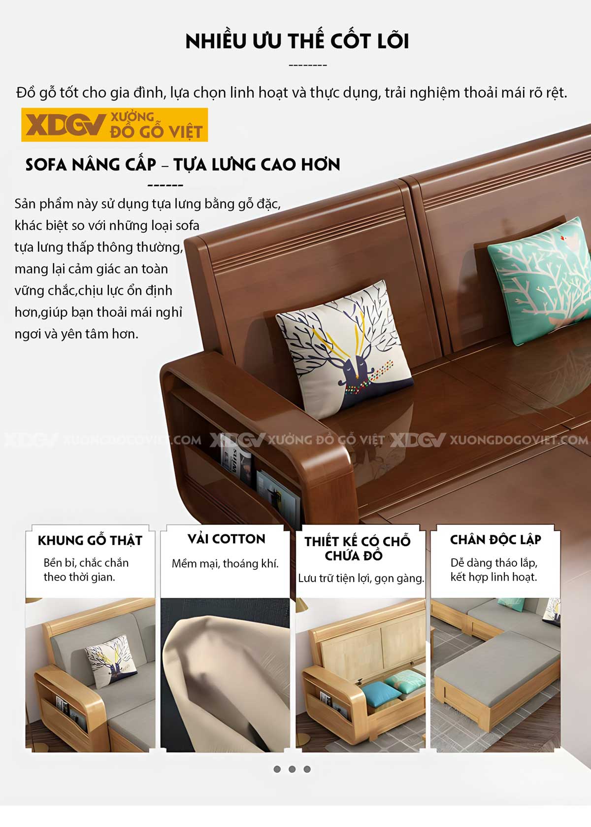 Mẫu Sofa Gỗ Sồi Hiện Đại Tay Bo Góc Tròn Tích Hợp Ngăn Chứa