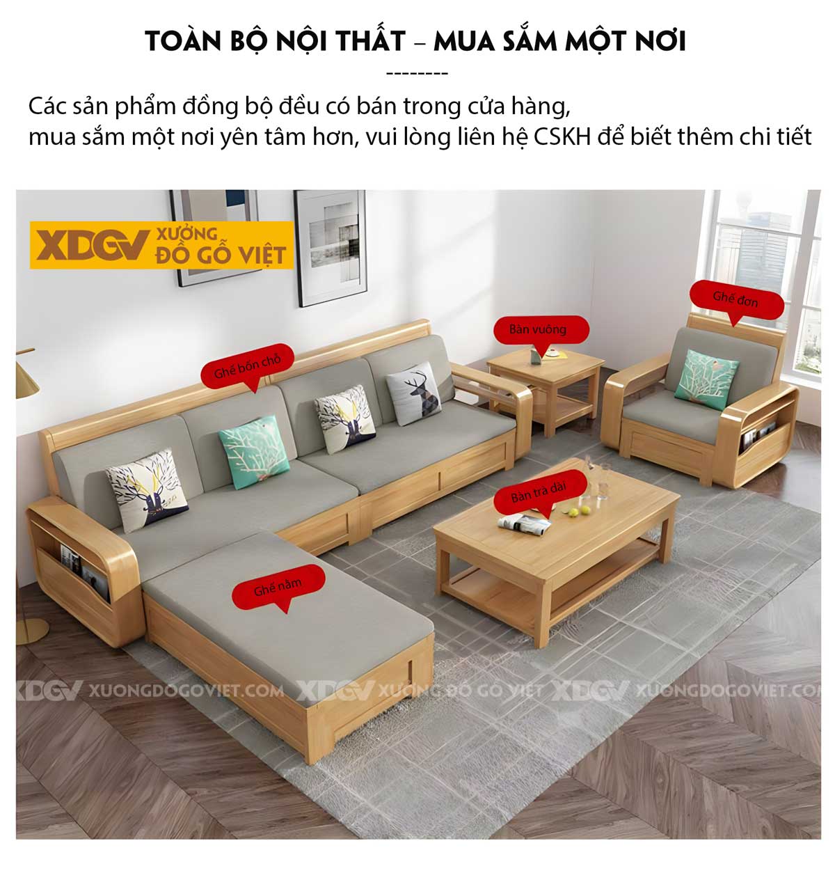 Mẫu Sofa Gỗ Sồi Hiện Đại Tay Bo Góc Tròn Tích Hợp Ngăn Chứa