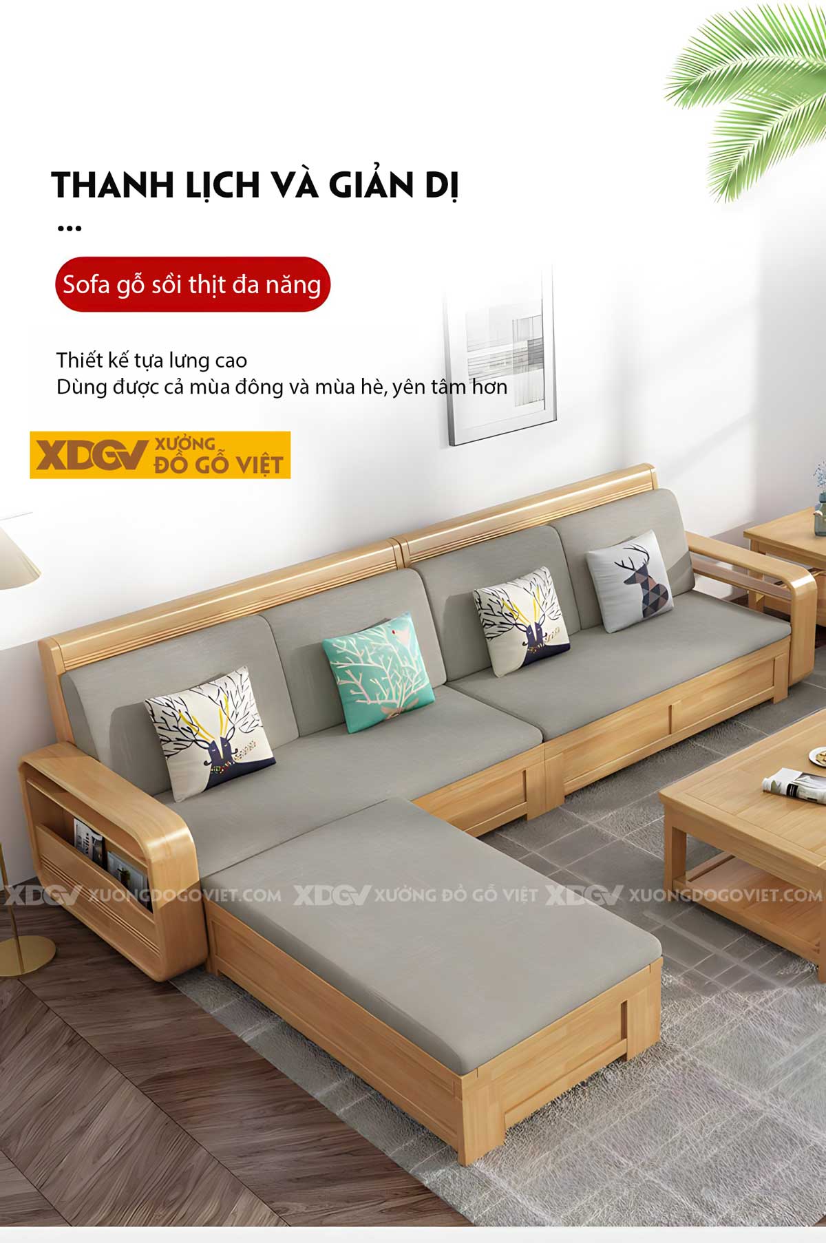 Mẫu Sofa Gỗ Sồi Hiện Đại Tay Bo Góc Tròn Tích Hợp Ngăn Chứa