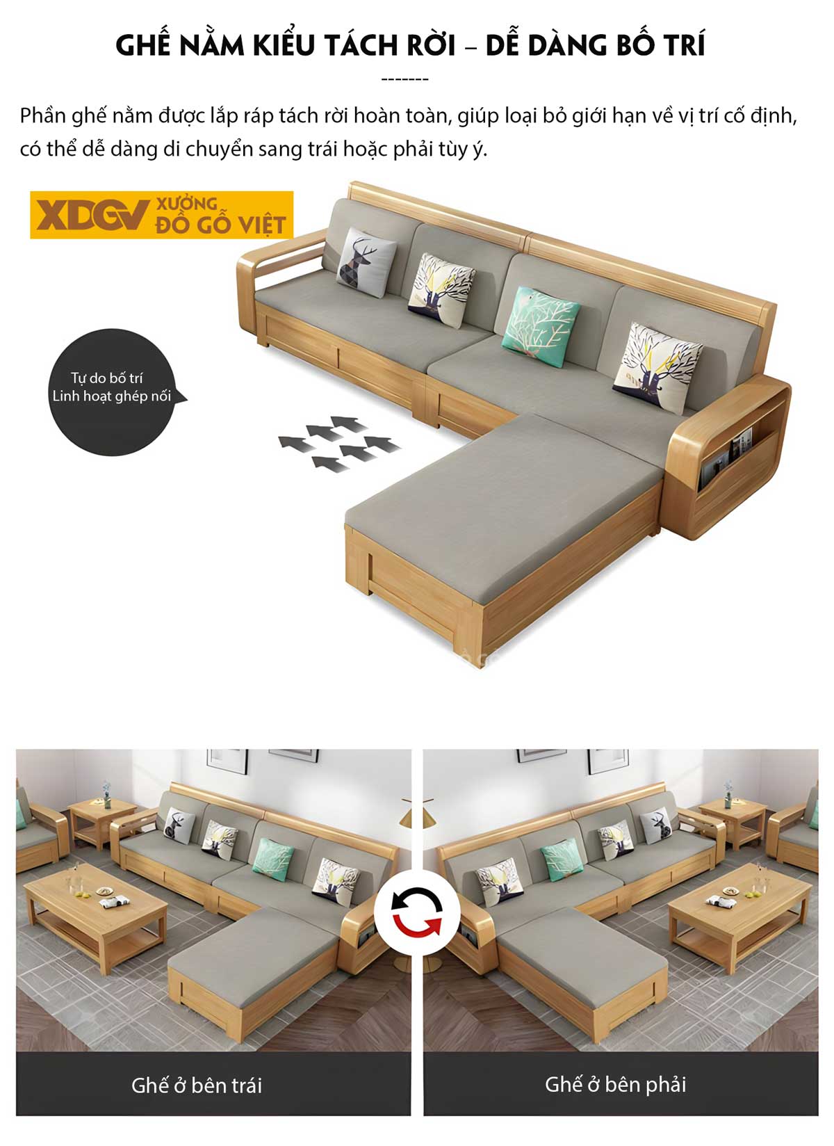 Mẫu Sofa Gỗ Sồi Hiện Đại Tay Bo Góc Tròn Tích Hợp Ngăn Chứa