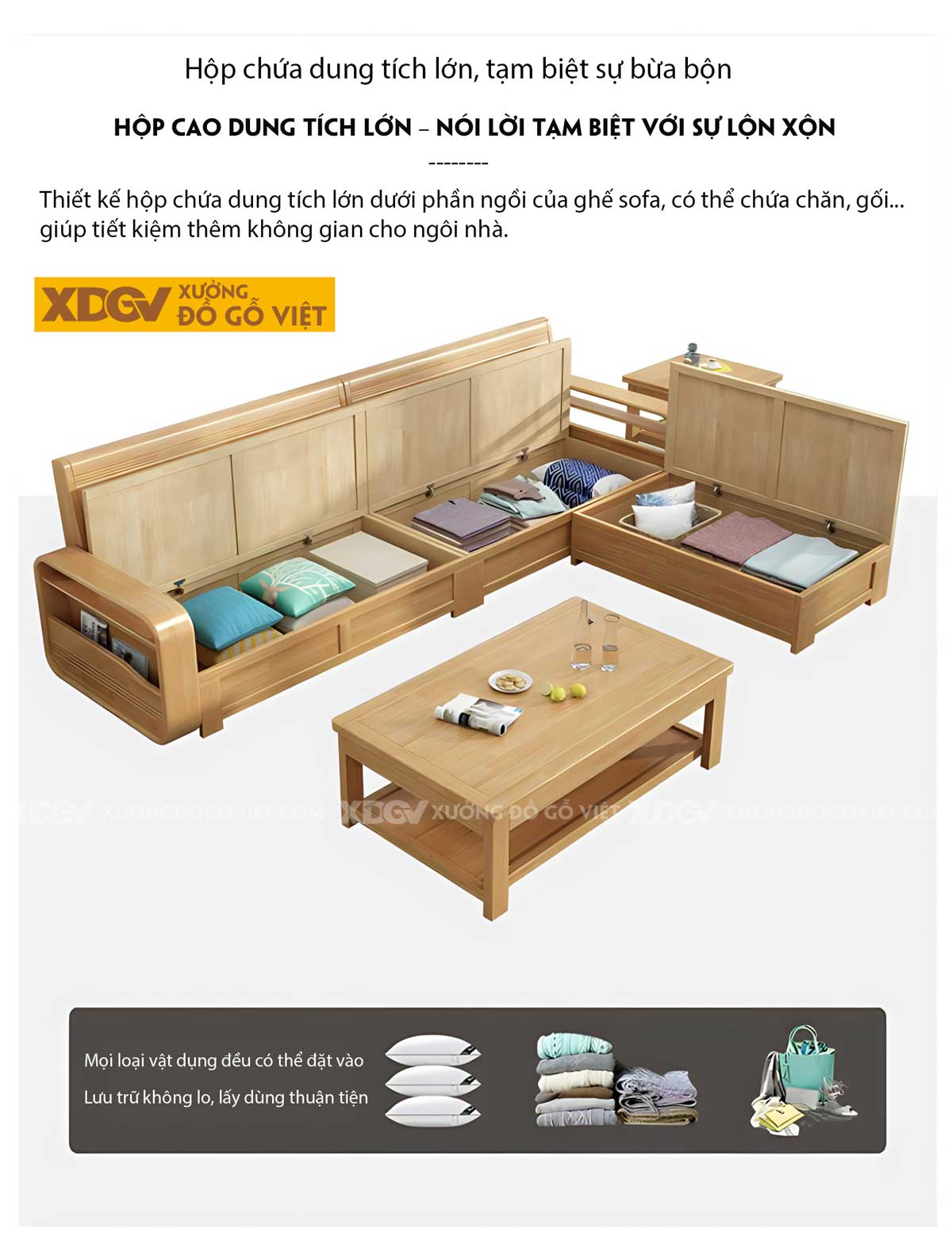 Mẫu Sofa Gỗ Sồi Hiện Đại Tay Bo Góc Tròn Tích Hợp Ngăn Chứa