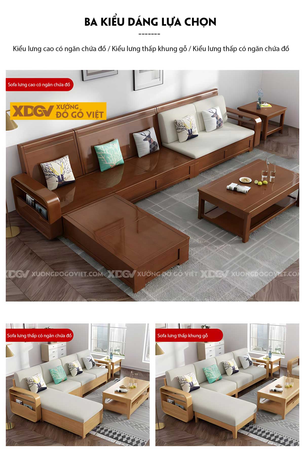 Mẫu Sofa Gỗ Sồi Hiện Đại Tay Bo Góc Tròn Tích Hợp Ngăn Chứa