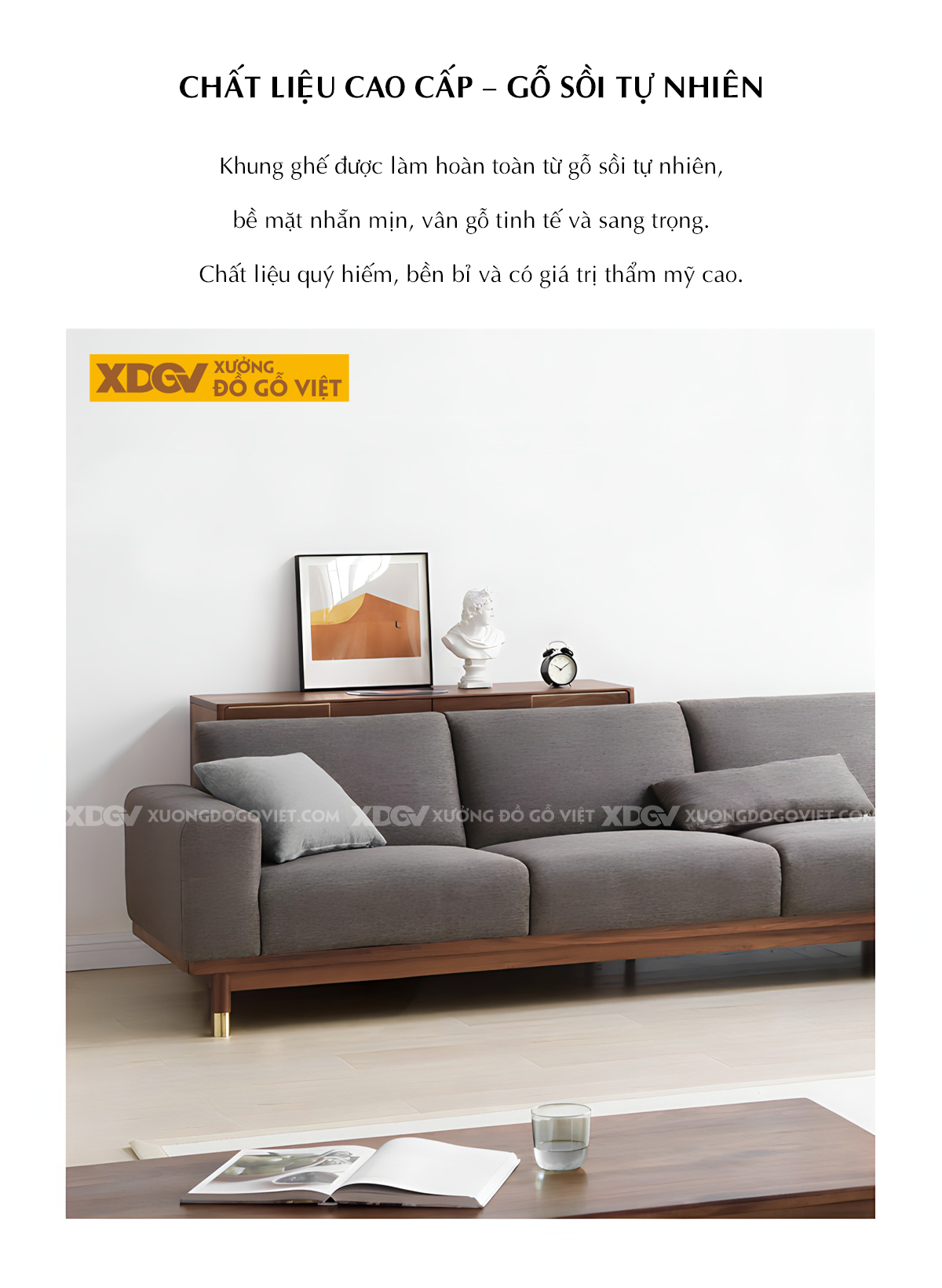 Mẫu Sofa Gỗ Sồi Phòng Khách Bọc Nệm Xám Dày Cao Cấp