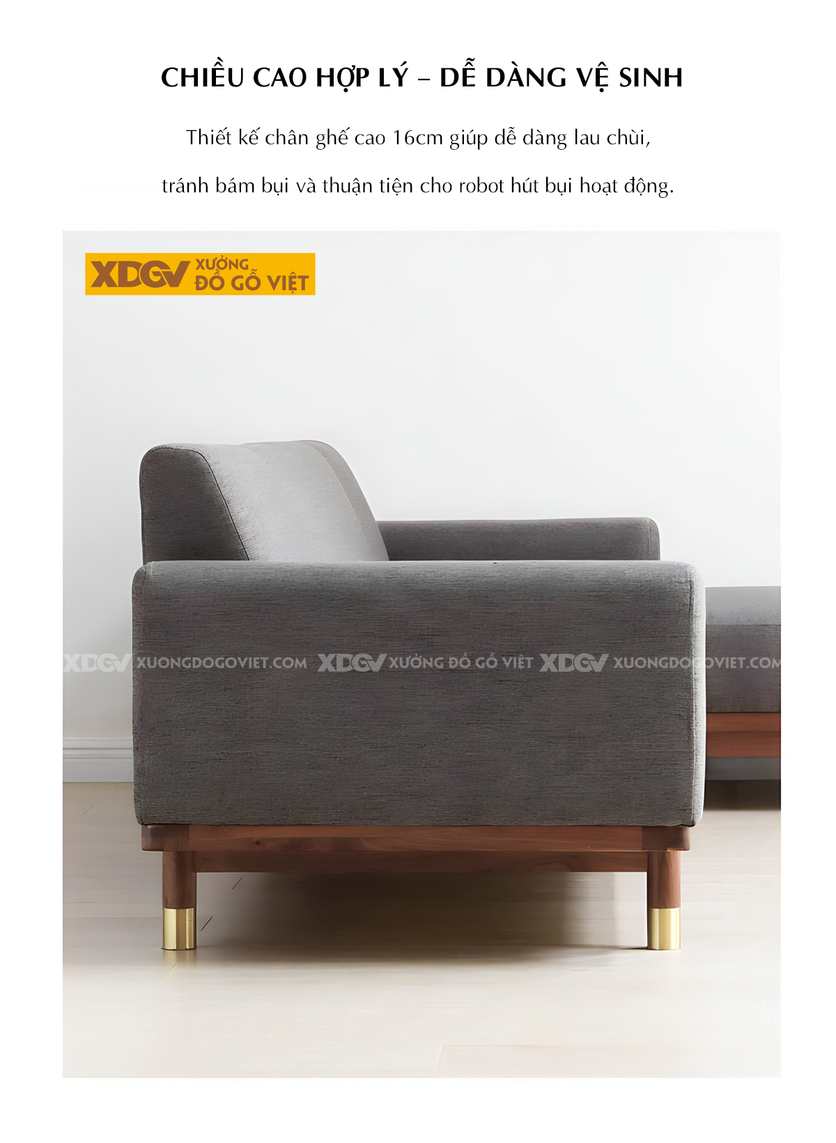 Mẫu Sofa Gỗ Sồi Phòng Khách Bọc Nệm Xám Dày Cao Cấp