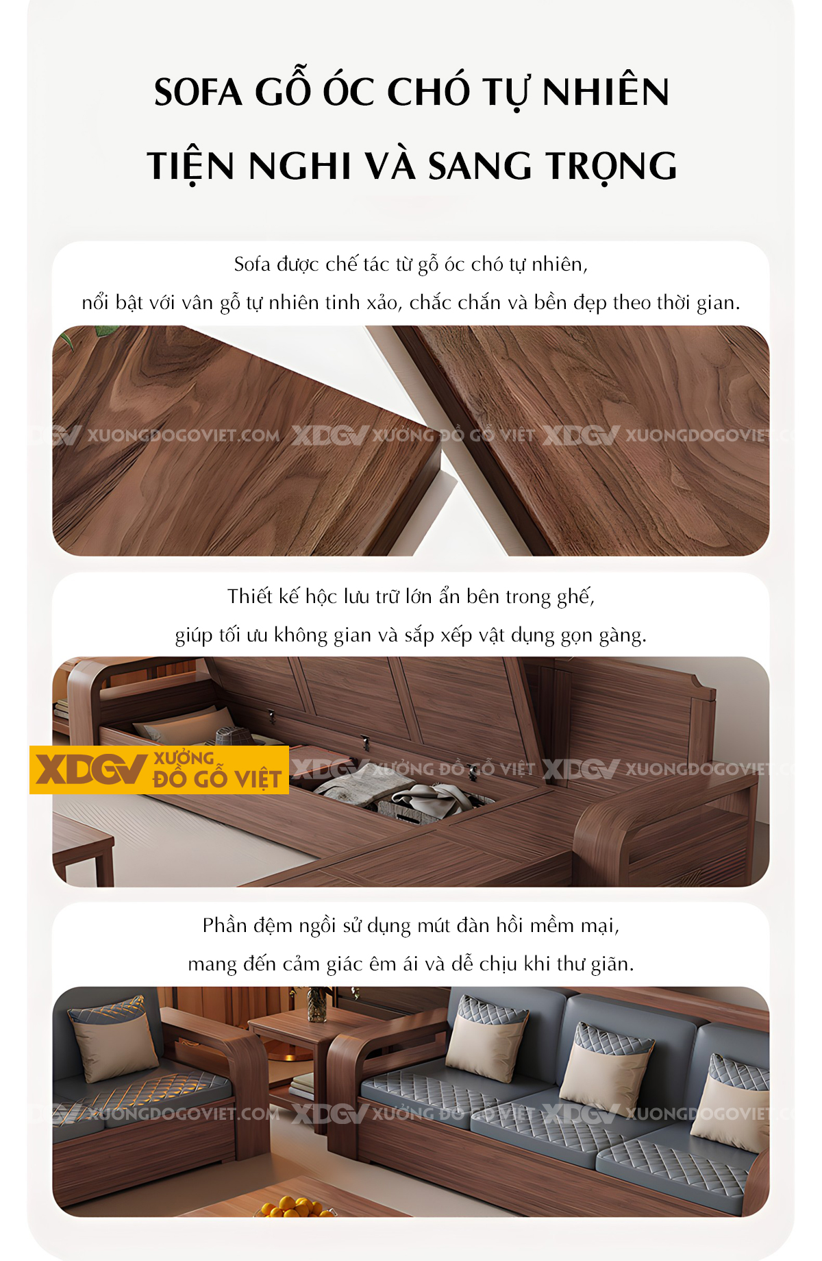 Mẫu Sofa Góc L Gỗ Óc Chó Hiện Đại Họa Tiết Kẻ Rãnh Tinh Tế