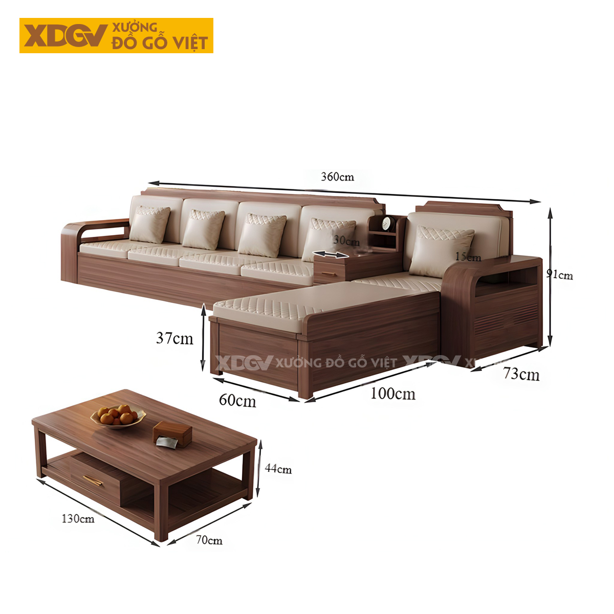 Mẫu Sofa Góc L Gỗ Óc Chó Hiện Đại Họa Tiết Kẻ Rãnh Tinh Tế